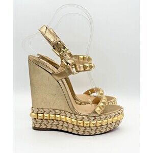 Christian Louboutin Leather Espadrille Wedges Gold w Spikes Cataclou 140 Sz 35